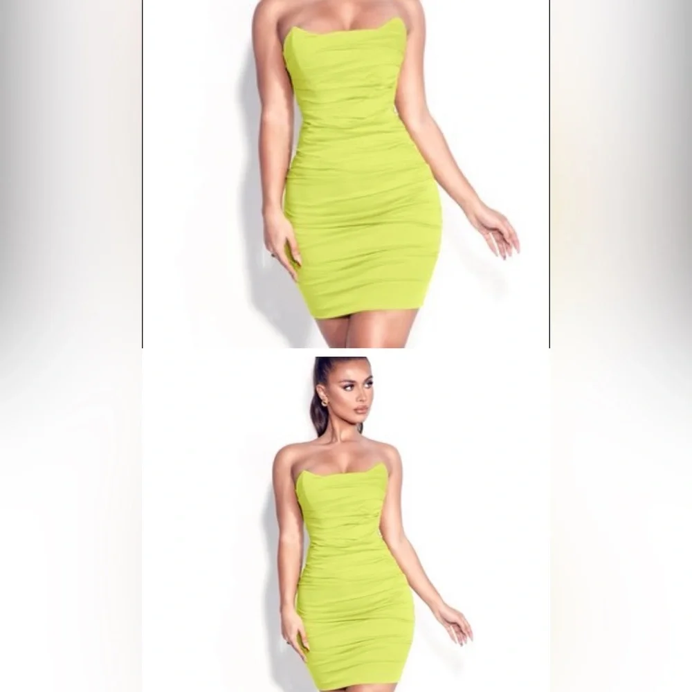 Lime green corset ruched dress- Miss Circle - Picture 3 of 7